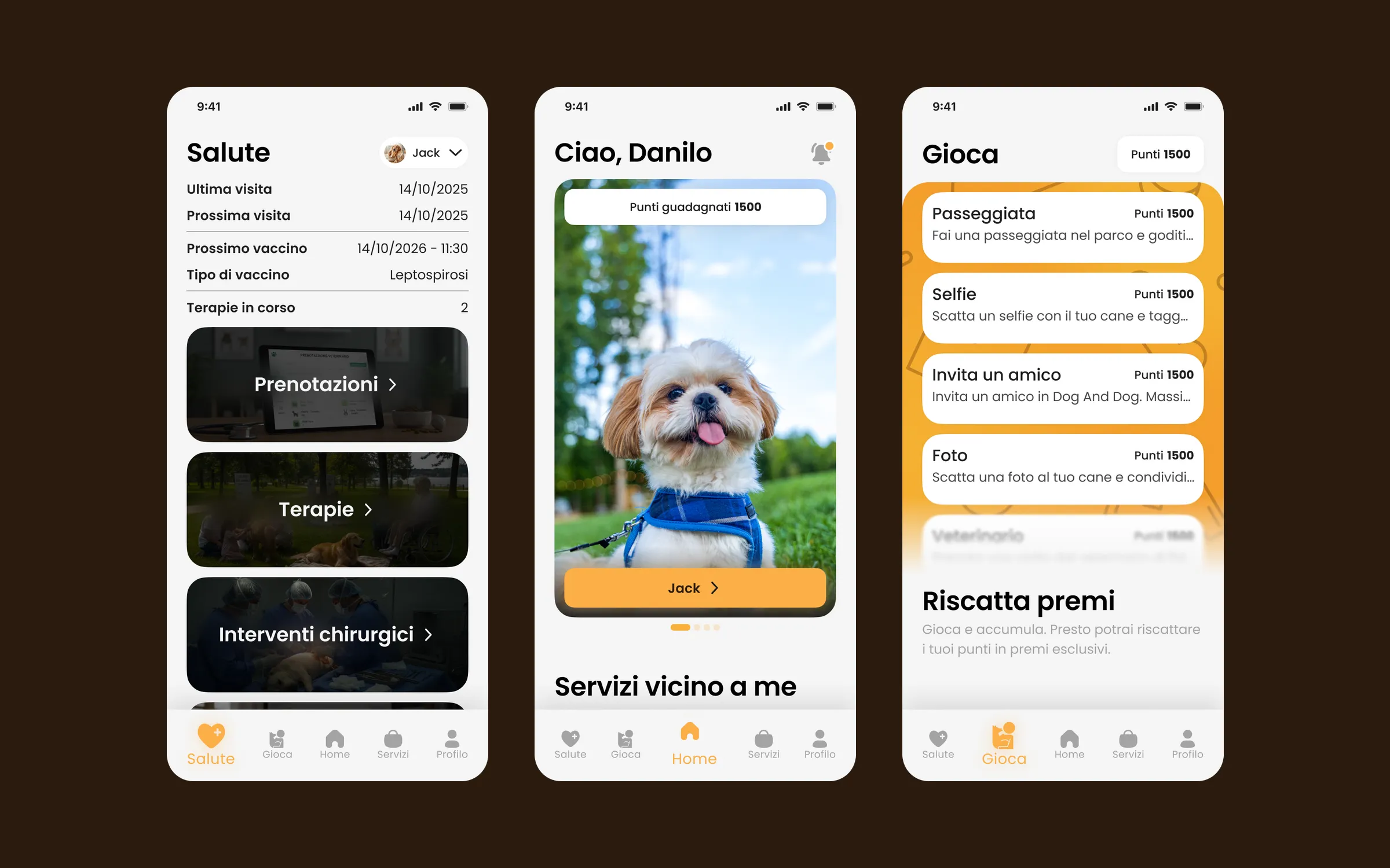 Dog and Dog — the Health, Home and Play screens of the app