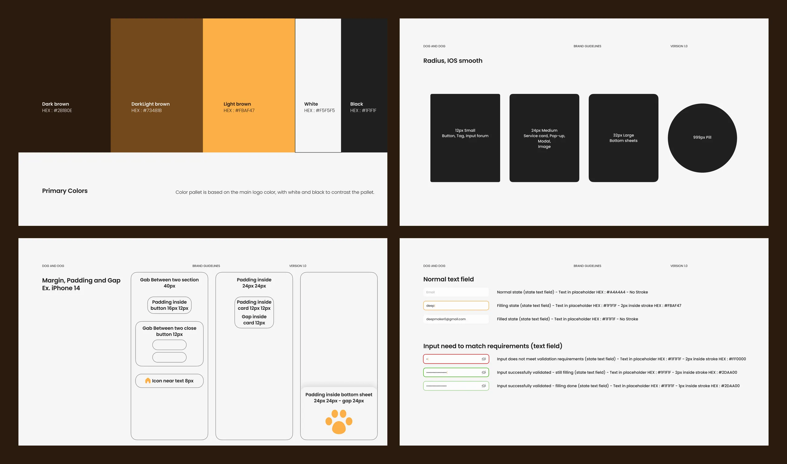 Dog and Dog design system boards — colours, corner radius, spacing and text fields