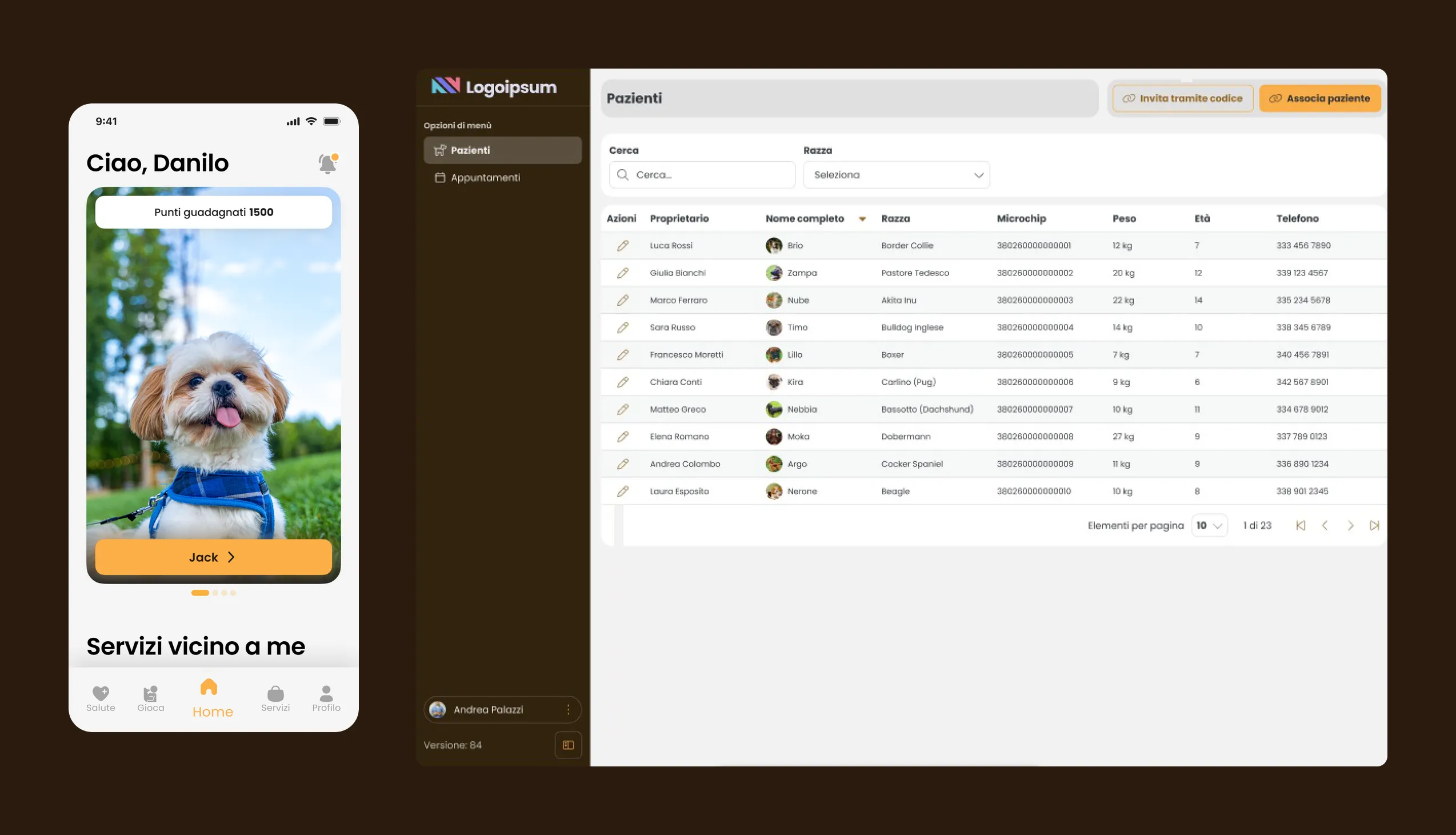 The pet-owner app beside the clinic dashboard